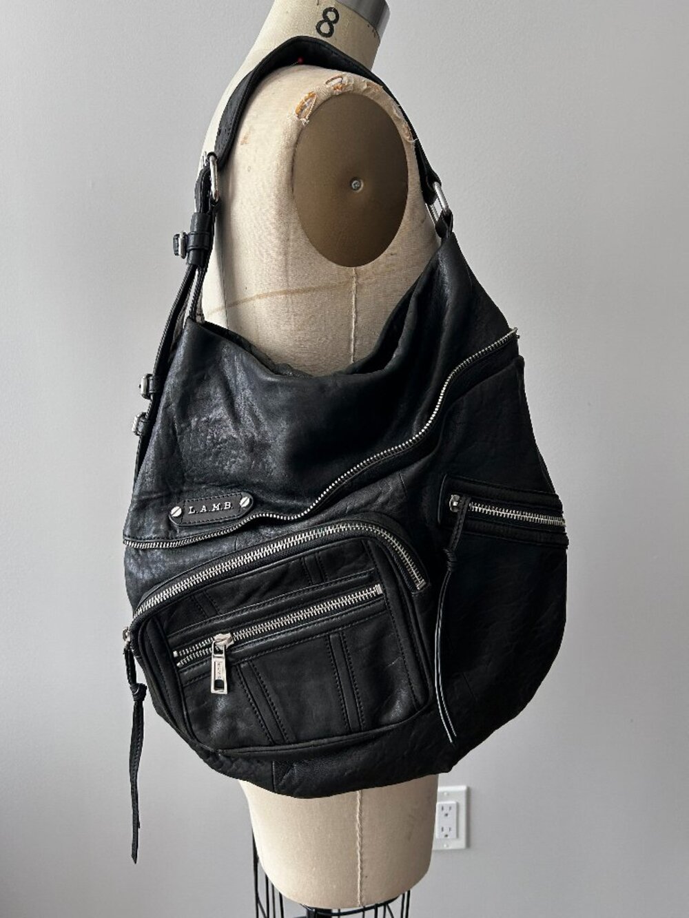 L.A.M.B. Black Moto Leather Hobo Shoulder HandBag